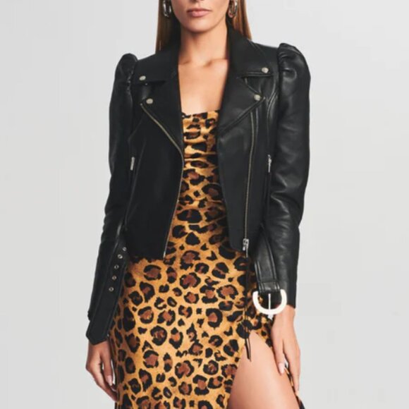 NWT Retrofête Tai Leather Jacket Black/Silver Puff Sleeve XS - Picture 2 of 13
